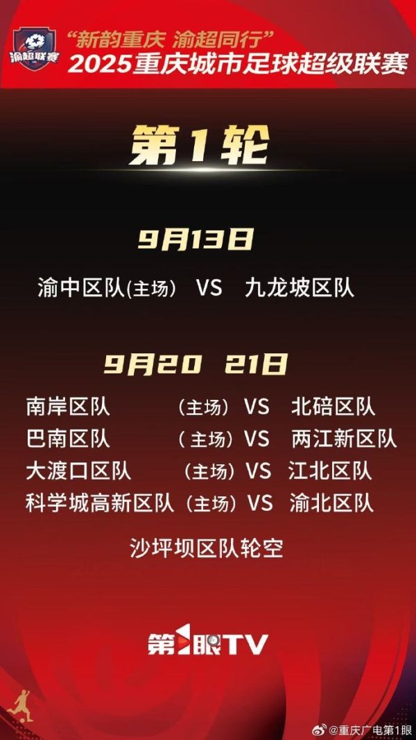 渝超对阵图出炉！9月13日首场赛事  渝中队对阵九龙坡队