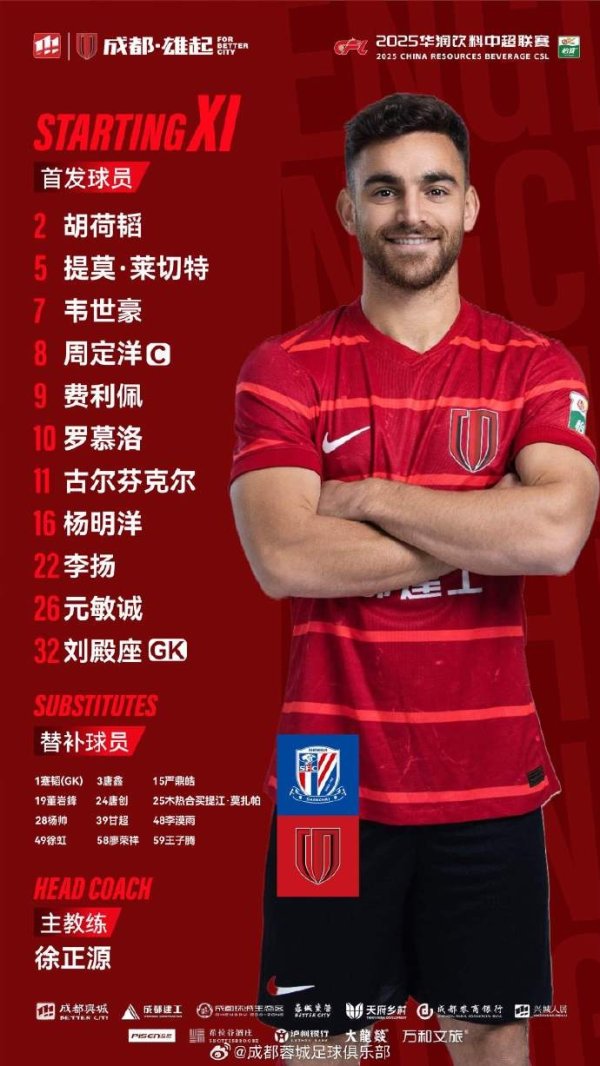 上海申花vs成都蓉城 赛事  杆位名单出炉！成都，雄起！