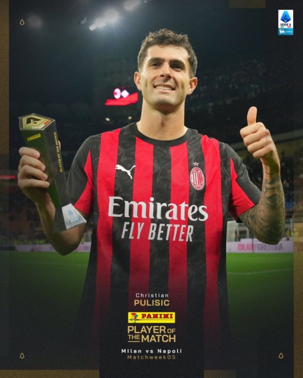 传射建功!官方:普利西奇当选米兰2-1那不勒斯全场最佳球员 传射建功!官方:普利西奇当选米兰2-1那不勒斯全场最佳球员