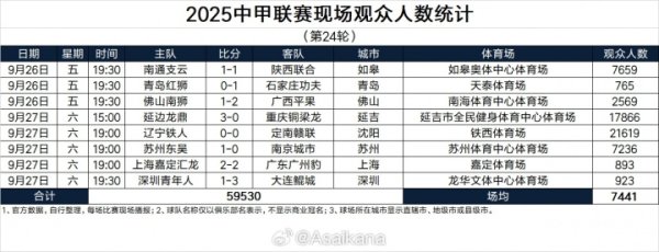 2025中甲职业联赛 现场观赛人群 人数统计(第24轮) 2025中甲职业联赛 现场观赛人群 人数统计(第24轮)
