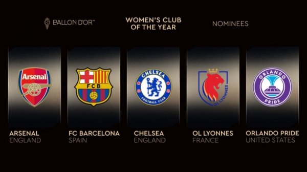最佳女足俱乐部候选：阿森纳、巴萨、切尔西、里昂、奥兰多荣誉