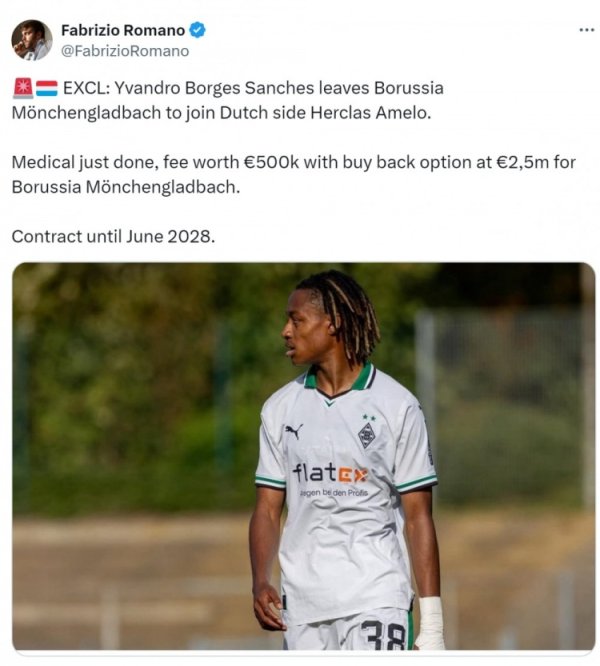 罗马诺：门兴21岁翼锋桑切斯加盟荷甲赫拉克勒斯，转会费50万欧