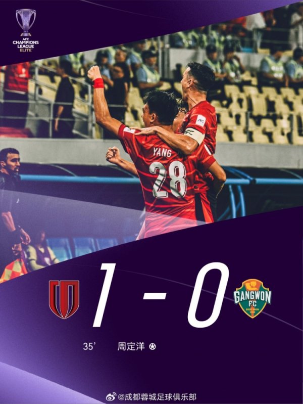 取得亚冠正式比赛首胜!成都蓉城1-0战胜江原FC,周定洋获得本场最佳 取得亚冠正式比赛首胜!成都蓉城1-0战胜江原FC,周定洋获得本场最佳