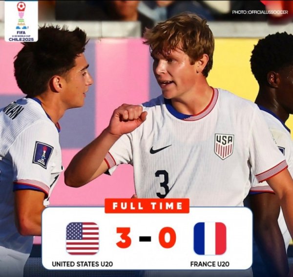 世青赛小组赛美国U20以3-0击败法国U20，取两连胜独占积分榜首