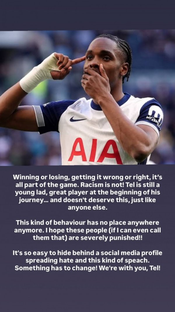 理查利森声援特尔：胜负对错都是赛事  的一部分，但种族歧视不是