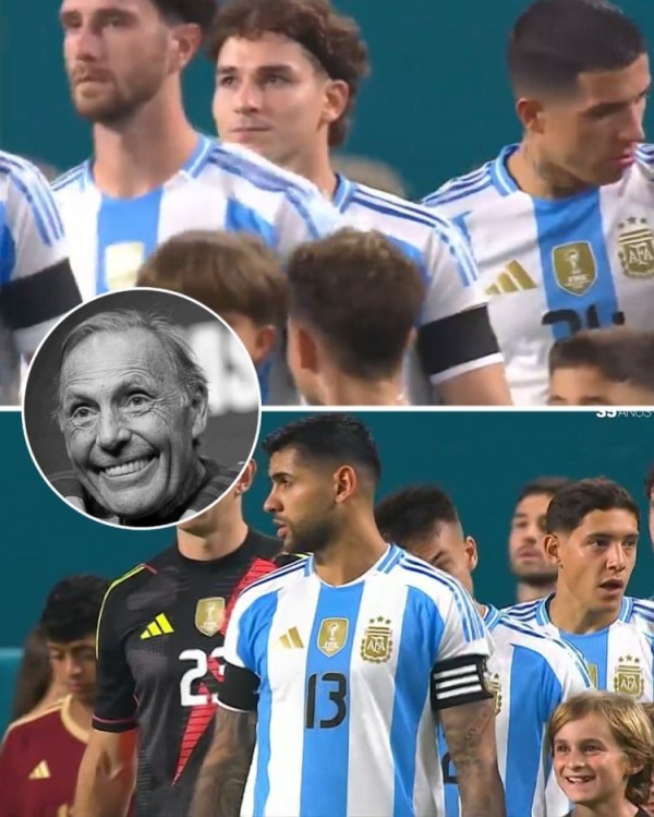 阿根廷全队球员在赛事  中戴黑色袖标，悼念去世的博卡主帅鲁索