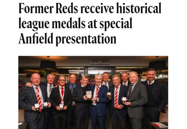 利物浦为莫尔比、麦克德莫特等14位名宿补发职业联赛  第一名  奖牌